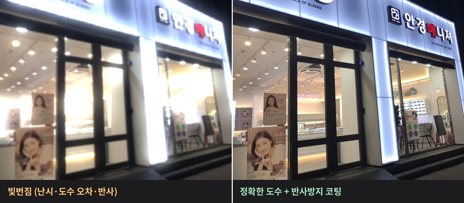 천안 고속도로 밤운전 야간운전안경 빛번짐 비교 — 난시·도수 오차 시 번짐과 반사방지 코팅 렌즈 착용 시 모습